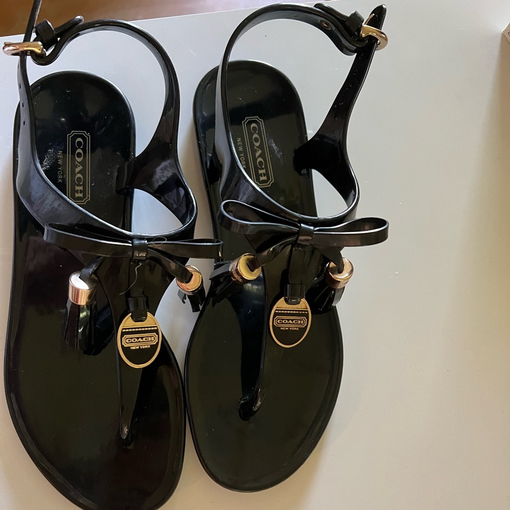 Coach Sandals Black Jellies With Gold Logo Charm Size… Gem